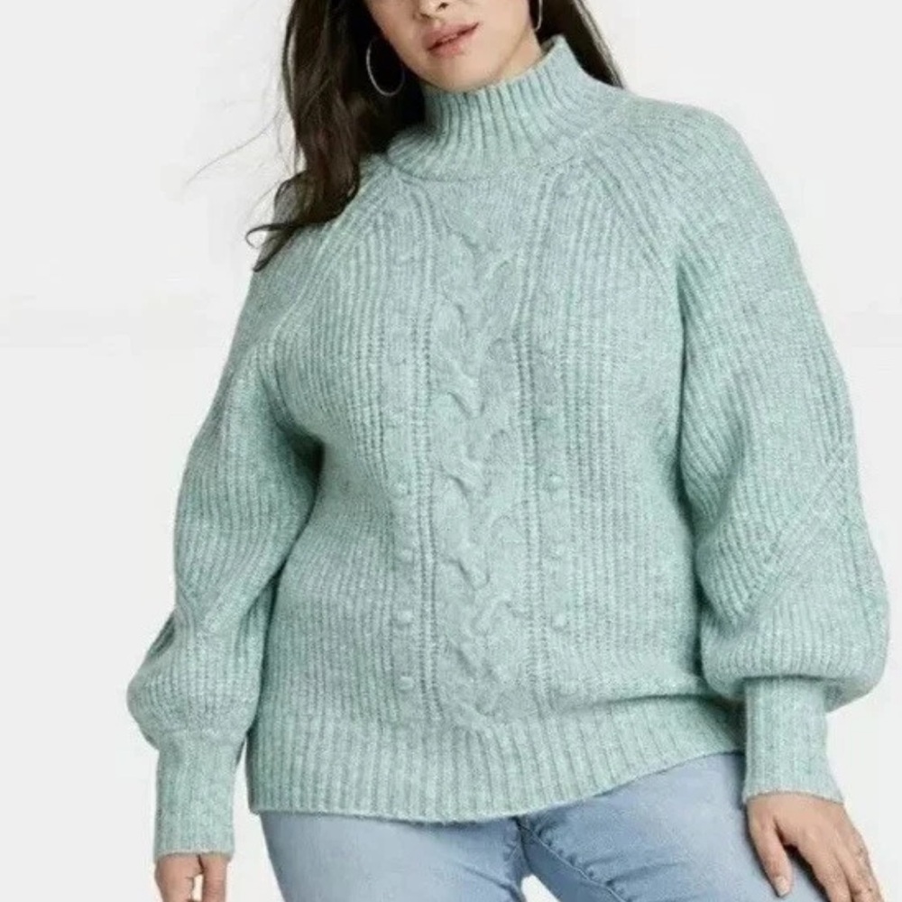 Ava & Viv Cable Knit Sweater Plus 2X Seafoam Green Balloon Sleeves Mock Neck